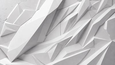 The primary subject of the image is a white wall with a pattern of triangles. The setting is a room with a white background. The visual style is a combination of digital art and illustration. The dominant colors are white and gray, creating a clean and minimalist atmosphere.