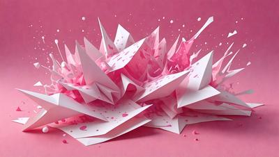 The primary subject of the image is a pink and white paper sculpture, which appears to be a three-dimensional representation of a mountain. The setting is a pink background, which complements the vibrant colors of the paper sculpture. The visual style is a combination of digital art and illustration, as the paper sculpture is created using paper and digital tools. The colors and mood of the image are predominantly pink and white, giving it a warm and inviting atmosphere.
