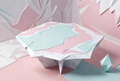 The primary subject of the image is a white and pink table, which is the main focus of the scene. The table is placed on a pink and blue surface, creating a visually appealing contrast. The visual style of the image is a combination of digital art and illustration, as the table appears to be a 3D model or a digital drawing. The colors and mood of the image are predominantly pink and blue, giving it a warm and inviting atmosphere.