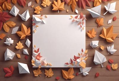 The primary subject of the image is a white frame with a blank space, surrounded by a variety of autumn leaves. The leaves are scattered around the frame, creating a visually appealing and warm atmosphere. The setting appears to be a wooden table, and the visual style is a combination of photo and digital art, as the leaves are arranged in a way that resembles a painting or a collage. The colors and mood of the image are predominantly warm and inviting, with the autumn leaves adding a touch of natural