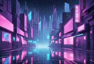 The primary subject of the image is a futuristic cityscape with tall buildings and neon lights. The setting is a rainy night, with the city illuminated by the glowing lights. The visual style is a digital art or illustration, creating a vibrant and colorful atmosphere. The dominant colors are pink, purple, and blue, giving the scene a unique and surreal appearance.