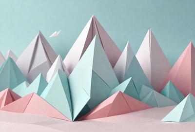 The primary subject of the image is a mountain made of paper. The mountain is pink and blue, and it is the main focus of the scene. The setting is a table, and the visual style is a combination of digital art and illustration. The colors and mood of the image are vibrant and lively, with the pink and blue hues creating a sense of warmth and energy.