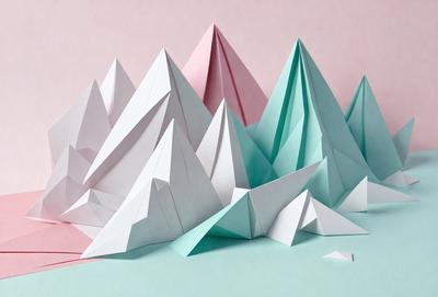 The primary subject of the image is a large pile of paper, which is cut into the shape of a mountain. The paper is predominantly white and blue, creating a visually appealing contrast. The setting is a table, where the paper mountain is placed. The visual style of the image is a combination of digital art and illustration, as the paper is cut and arranged to resemble a mountain. The colors and mood of the image are predominantly calm and serene, with the blue and white colors evoking a