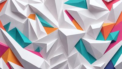 The primary subject of the image is a large, colorful paper sculpture. The sculpture is made up of many small triangles, creating a visually striking and intricate design. The setting is a white background, which allows the sculpture to stand out and be the main focus of the image. The visual style is a combination of digital art and illustration, as the paper sculpture is created using a digital medium. The colors and mood of the image are vibrant and lively, with the use of various colors and