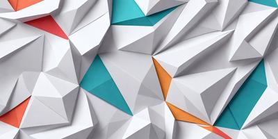 The primary subject of the image is a geometric pattern made up of triangles and squares. The pattern is predominantly blue and orange, creating a visually striking contrast. The setting is a white background, which provides a clean and minimalist appearance. The visual style of the image is a combination of digital art and illustration, showcasing the intricate design of the pattern. The overall atmosphere of the image is vibrant and eye-catching, with the bold colors and geometric shapes creating a sense of depth and complexity.