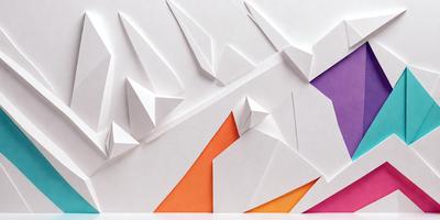 The primary subject of the image is a colorful paper cutout of a mountain. The setting is a white background, and the visual style is a combination of photo and digital art. The colors and mood of the image are vibrant and lively, with the mountain cutout being the focal point.