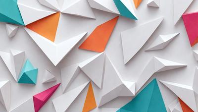 The primary subject of the image is a large, colorful wall made of paper. The wall is covered with a variety of triangular shapes, each in different colors. The setting is a room with a blue background, which adds to the overall atmosphere. The visual style is a combination of digital art and illustration, creating a vibrant and eye-catching display.
