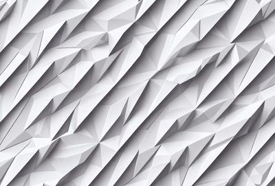 The primary subject of the image is a white wall with a pattern of triangles. The setting is a room with a white background. The visual style is a close-up of the wall, showcasing the intricate pattern of the triangles. The colors and mood of the image are predominantly white, giving it a clean and minimalist appearance.