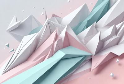 The primary subject of the image is a large, intricate paper sculpture of a mountain. The setting is a pink and blue background, which adds a vibrant and lively atmosphere to the scene. The visual style is a combination of digital art and illustration, as the paper sculpture is skillfully crafted and detailed. The colors and mood of the image are predominantly pink and blue, creating a sense of warmth and tranquility.