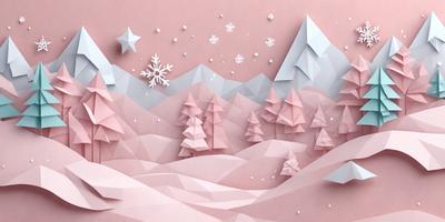 The primary subject of the image is a snowy mountain landscape. The setting is a pink background, which adds a unique and artistic touch to the scene. The visual style is a combination of digital art and illustration, creating a three-dimensional effect. The colors and mood of the image are predominantly pink, giving it a warm and inviting atmosphere.