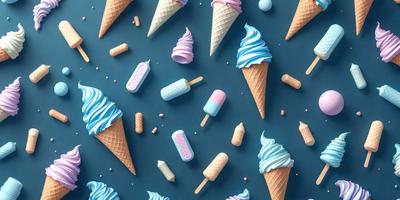 Primary subject: Ice cream cones and popsicles
Setting/background: Blue background
Visual style: Digital art
Colors and mood: Blue, pink, and white colors, with a fun and playful atmosphere.