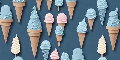The primary subject of the image is a collection of ice cream cones in various colors, including blue, pink, and white. These cones are displayed in a visually appealing manner, with some of them placed on a blue surface. The setting appears to be a creative and artistic environment, possibly a drawing or illustration. The visual style of the image is a combination of digital art and illustration, creating a vibrant and lively atmosphere. The colors and mood of the image are predominantly cheer