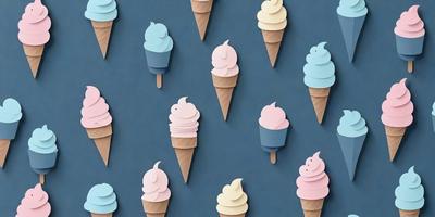 The primary subject of the image is a collection of ice cream cones, which are displayed in various colors and sizes. The setting is a blue background, which adds a vibrant and lively atmosphere to the scene. The visual style is a combination of digital art and illustration, creating a unique and eye-catching design. The colors and mood of the image are predominantly bright and cheerful, with the ice cream cones serving as the main focus and source of visual interest.