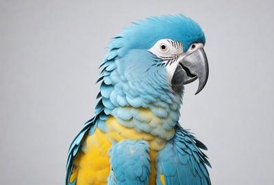 The primary subject of the image is a blue and yellow parrot with a blue head. The parrot is standing in front of a white background, which provides a clean and uncluttered look. The visual style of the image is a close-up of the parrot, showcasing its vibrant colors and details. The overall atmosphere of the image is lively and captivating, with the parrot being the main focus of the scene.