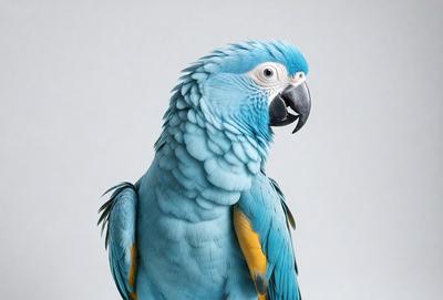 The primary subject of the image is a blue and yellow parrot. The bird is standing on a white background, which provides a clean and uncluttered appearance. The visual style of the image is a close-up of the parrot, showcasing its vibrant colors and details. The overall atmosphere of the image is lively and captivating, as the parrot stands out against the white background.