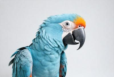 The primary subject of the image is a blue and orange parrot with a white face. The parrot is standing in front of a white background, which creates a clean and minimalist visual style. The colors and mood of the image are vibrant and lively, with the blue and orange feathers of the parrot contrasting beautifully with the white background.