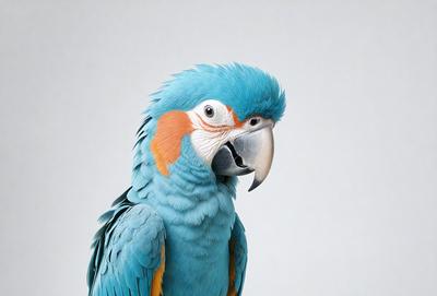The primary subject of the image is a blue and orange parrot with a blue head. The parrot is standing in front of a white background, which creates a clean and minimalist visual style. The colors and mood of the image are vibrant and lively, with the blue and orange hues of the parrot contrasting against the white background.