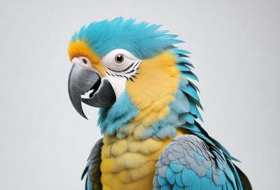 The primary subject of the image is a blue and yellow parrot with a blue head. The parrot is standing in front of a white background, which creates a clean and minimalistic visual style. The colors and mood of the image are vibrant and lively, with the blue and yellow parrot being the focal point of the scene.