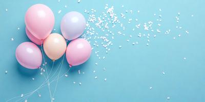 The primary subject of the image is a group of pink balloons with white confetti falling around them. The balloons are floating in the air, and the confetti is scattered on the ground beneath them. The setting appears to be a celebration or a festive event, as the balloons and confetti create a joyful and lively atmosphere. The visual style of the image is a combination of photo and digital art, as the balloons and confetti are depicted in a realistic manner while the background