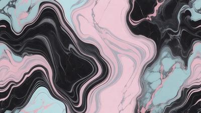 The primary subject of the image is a black and white marble pattern. The setting is a pink and blue marble surface, which serves as the background. The visual style is a combination of a photo and digital art, creating a unique and intricate pattern. The dominant colors are black, white, and shades of pink and blue, giving the image a modern and elegant appearance.