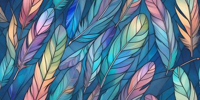 The primary subject of the image is a close-up of a colorful bird with a blue background. The bird is surrounded by a variety of feathers, creating a visually striking scene. The visual style of the image is a combination of digital art and illustration, with the bird and feathers appearing to be intricately detailed and realistic. The colors and mood of the image are vibrant and lively, with the blue background providing a sense of depth and contrast to the bird and its feathers.