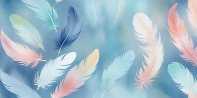 The primary subject of the image is a group of colorful feathers, which are the main objects in the scene. The feathers are arranged in a visually appealing manner, creating a sense of depth and dimension. The setting is a blue background, which provides a contrasting and complementary color to the feathers. The visual style of the image is a combination of photo and digital art, as it captures the natural beauty of the feathers while also showcasing the artist's creativity in arranging and composing the