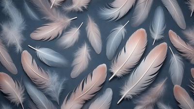 The primary subject of the image is a collection of white feathers, which are the primary focus of the scene. The feathers are arranged in a visually appealing manner, creating a sense of depth and dimension. The setting is a dark blue background, which contrasts with the white feathers, adding a sense of contrast and visual interest. The visual style of the image is a close-up of the feathers, showcasing their intricate details and textures. The overall atmosphere of the image is serene and calming,