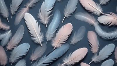 The primary subject of the image is a collection of white and pink feathers. The feathers are arranged in a pattern, creating a visually appealing scene. The setting is a dark blue background, which contrasts with the feathers, making them stand out. The visual style of the image is a close-up of the feathers, showcasing their intricate details. The colors and mood of the image are predominantly white and pink, giving it a delicate and elegant appearance.