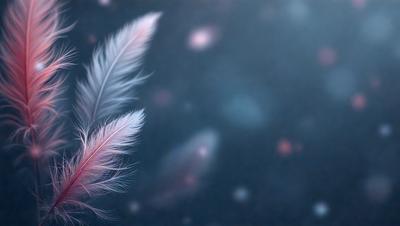 The primary subject of the image is a close-up of a pink feather. The setting is a dark blue background, which creates a contrasting and dramatic effect. The visual style is a combination of a photo and digital art, as the feather appears to be a part of a larger image. The colors and mood of the image are predominantly dark and moody, with the pink feather standing out against the blue background.