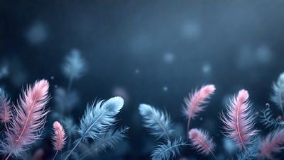 The primary subject of the image is a close-up of a feather, which is the main object in the scene. The setting is a dark, blue background, creating a moody atmosphere. The visual style is a combination of a photo and digital art, as the feather appears to be a part of a larger digital artwork. The dominant colors are blue and pink, with the blue background and pink feathers creating a striking contrast.