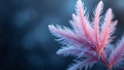 The primary subject of the image is a pink feather, which is the main focus of the image. The setting is a dark blue background, creating a contrasting and dramatic effect. The visual style is a close-up of the feather, showcasing its details and texture. The colors and mood of the image are predominantly pink, giving it a soft and delicate appearance.