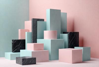 The primary subject of the image is a collection of different colored blocks, including black, pink, blue, and green. These blocks are stacked on top of each other, creating a visually appealing display. The setting is a pink and blue wall, which serves as the backdrop for the blocks. The visual style of the image is a combination of photo and digital art, as the blocks are arranged in a way that resembles a digital art piece. The colors and mood of the image are vibrant and l