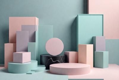 The primary subject of the image is a collection of variously shaped and colored blocks, including a pink circle, a black and white square, and a blue circle. These blocks are arranged on a table, creating an interesting and visually appealing display. The setting is a room with a blue wall, which serves as a backdrop for the blocks. The visual style of the image is a combination of photo and digital art, as it appears to be a photograph of a digital art piece. The colors and mood of the image are