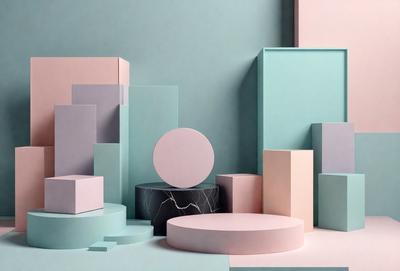 The primary subject of the image is a collection of variously shaped and colored blocks, including a pink circle, a black and white square, and a blue sphere. These blocks are arranged on a table, creating an interesting and visually appealing display. The setting is a room with a blue wall, which serves as a backdrop for the blocks. The visual style of the image is a combination of photo and digital art, as it captures the intricate details of the blocks and their arrangement. The colors and mood of the