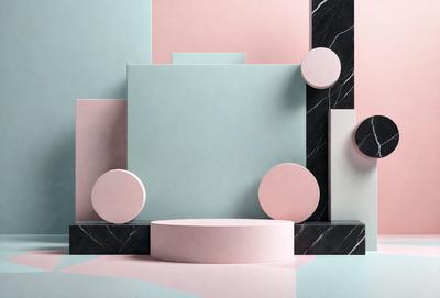 The primary subject of the image is a pink and blue marble table. The setting is a room with a pink and blue color scheme. The visual style is a combination of digital art and illustration. The dominant colors are pink and blue, creating a warm and inviting atmosphere.