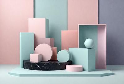 The primary subject of the image is a collection of variously shaped and colored balls, placed on a marble surface. The setting is a room with a pink and blue color scheme, giving the scene a vibrant and lively atmosphere. The visual style is a combination of photo and digital art, creating a unique and eye-catching display. The colors and mood of the image are predominantly pink and blue, with the balls adding a touch of contrast and interest to the overall composition.