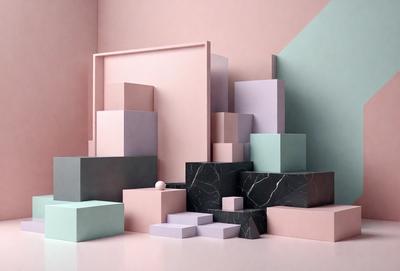 The primary subject of the image is a collection of variously colored blocks, including pink, purple, blue, and gray. These blocks are arranged in a visually appealing manner, creating a sense of harmony and balance. The setting is a white background, which provides a clean and minimalist look to the scene. The visual style of the image is a combination of digital art and illustration, with the blocks appearing to be three-dimensional and realistic. The colors and mood of the image are predominantly warm and