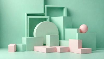 The primary subject of the image is a collection of white and pink blocks, which are arranged in various shapes and sizes. The setting is a green background, which adds a vibrant and lively atmosphere to the scene. The visual style of the image is a combination of photo and digital art, creating a unique and eye-catching display. The colors and mood of the image are predominantly white and pink, giving it a clean and fresh appearance.