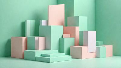 The primary subject of the image is a collection of different colored blocks, including pink, green, and white. These blocks are arranged in various positions, creating a visually interesting scene. The setting is a green background, which adds a vibrant and lively atmosphere to the image. The visual style is a combination of digital art and illustration, as the blocks are depicted in a realistic manner while also showcasing a creative and artistic touch. The colors and mood of the image are predominantly bright and