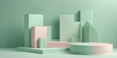 The primary subject of the image is a collection of green and pink blocks, which are arranged in various shapes and sizes. The setting is a green background, which provides a contrasting and vibrant backdrop for the blocks. The visual style of the image is a combination of digital art and illustration, as the blocks are arranged in a visually appealing manner. The dominant colors in the image are green and pink, creating a lively and cheerful atmosphere.