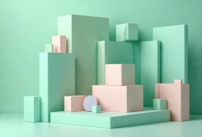 The primary subject of the image is a collection of pink and white blocks, which are arranged in various shapes and sizes. The setting is a green background, which adds a vibrant and lively atmosphere to the scene. The visual style of the image is a combination of digital art and illustration, creating a unique and creative presentation. The colors and mood of the image are predominantly pink and white, giving it a cheerful and playful appearance.