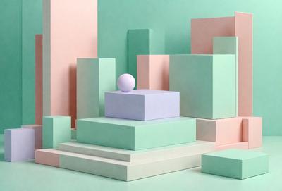 The primary subject of the image is a small, round, blue object, which appears to be a ball, sitting on top of a large, blue, square block. The setting is a colorful, abstract environment, with a mix of pink, green, and blue colors. The visual style is a combination of digital art and illustration, creating a unique and vibrant scene. The overall atmosphere is lively and energetic, with the bright colors and interesting composition.