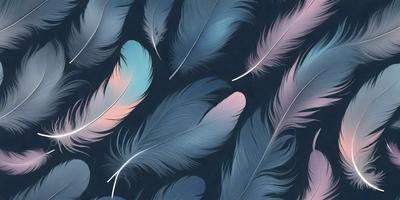 The primary subject of the image is a collection of colorful feathers, which are arranged in a pattern on a blue background. The feathers are displayed in various shades of pink, blue, and purple, creating a visually appealing and vibrant scene. The visual style of the image is a combination of photo and digital art, as it captures the intricate details of the feathers while maintaining a cohesive and artistic composition. The overall atmosphere of the image is lively and captivating,