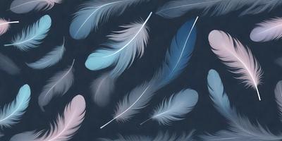 The primary subject of the image is a collection of feathers, which are the main objects in the scene. The feathers are arranged in a pattern, creating a visually appealing and artistic display. The setting is a dark background, which contrasts with the vibrant colors of the feathers. The visual style of the image is a combination of photo and digital art, as it captures the intricate details of the feathers while maintaining a sense of depth and dimension. The colors and mood of the image are pre