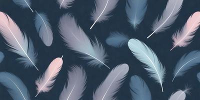 The primary subject of the image is a collection of white feathers, which are the main objects in the scene. The feathers are arranged in a pattern, creating a visually appealing and artistic display. The setting is a dark blue background, which contrasts with the white feathers, giving the image a striking and dramatic appearance. The visual style of the image is a combination of photo and digital art, as it captures the beauty of the feathers in a realistic yet artistic manner. The colors and mood of