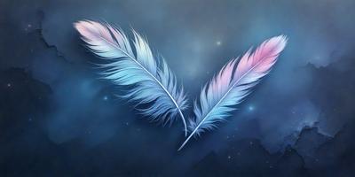 The primary subject of the image is a pair of white and pink feathers. The setting is a dark, cloudy sky, which creates a dramatic backdrop for the feathers. The visual style is a combination of digital art and illustration, giving the feathers a realistic and artistic appearance. The colors and mood of the image are predominantly dark and moody, with the contrasting colors of the white and pink feathers adding a touch of brightness and elegance to the scene.