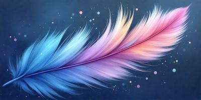 The primary subject of the image is a large, colorful feather. The feather is displayed against a blue background, which adds a sense of depth and contrast to the scene. The visual style of the image is a combination of digital art and illustration, creating a vibrant and eye-catching display. The dominant colors in the image are blue, purple, and pink, which contribute to a lively and cheerful atmosphere.