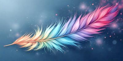 The primary subject of the image is a colorful feather, which is the main object, scene, or focus of the image. The feather is displayed against a blue background, giving it a vibrant and lively appearance. The visual style of the image is digital art, as it is a well-crafted and detailed illustration. The dominant colors in the image are blue, pink, and white, creating a sense of warmth and energy.