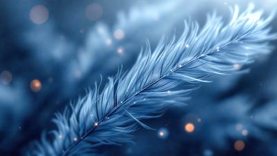 The primary subject of the image is a feather, which is the main object, scene, or focus of the image. The feather is set against a blue background, which adds a sense of depth and contrast to the image. The visual style of the image is a combination of photo and digital art, creating a unique and eye-catching representation of the feather. The dominant colors in the image are blue and white, which contribute to a calm and serene atmosphere.