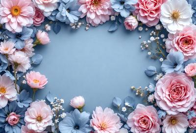 The primary subject of the image is a blue background with a frame of pink flowers. The setting is a close-up of the flowers, showcasing their beauty and details. The visual style is a combination of photo and digital art, creating a vibrant and lively atmosphere. The dominant colors are blue and pink, with the flowers adding a touch of white.